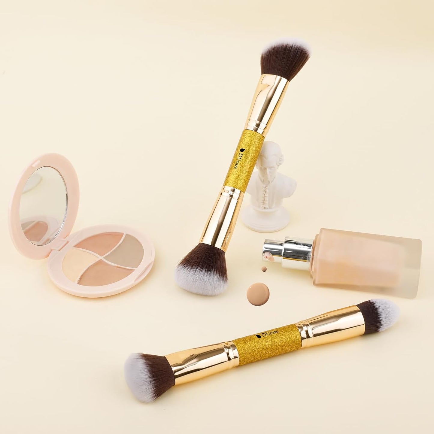 2Pcs Duo End Makeup Brushes, Synthetic Bristle Foundation Powder Buffer & Contour Brush Set, Dual Sided Face Brushes for Blending Concealer Bronzer Highlighter